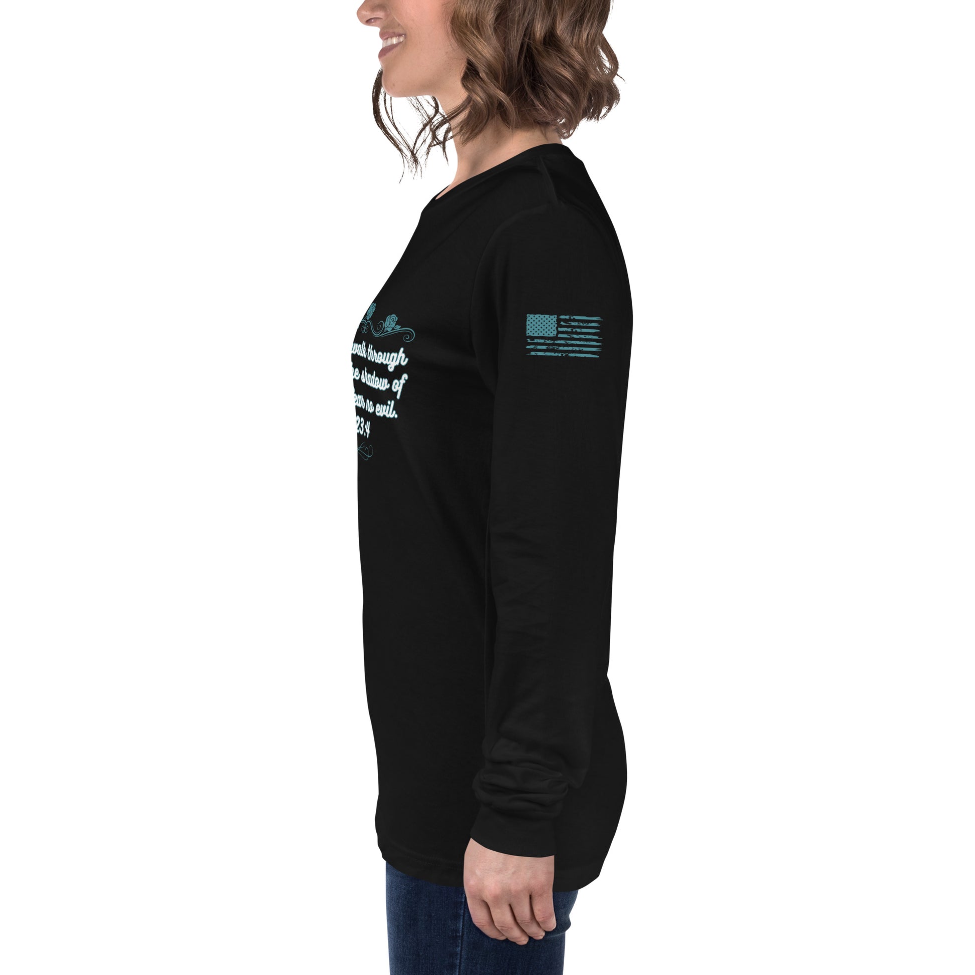 Side view of Psalms 23:4 faith long sleeve shirt on model left arm black