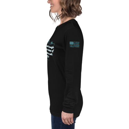 Side view of Psalms 23:4 faith long sleeve shirt on model left arm black