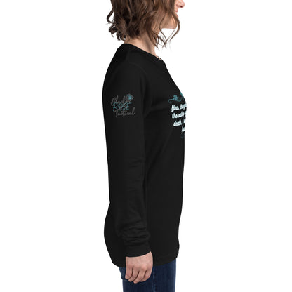 Side view of Psalms 23:4 faith long sleeve shirt on model right arm black