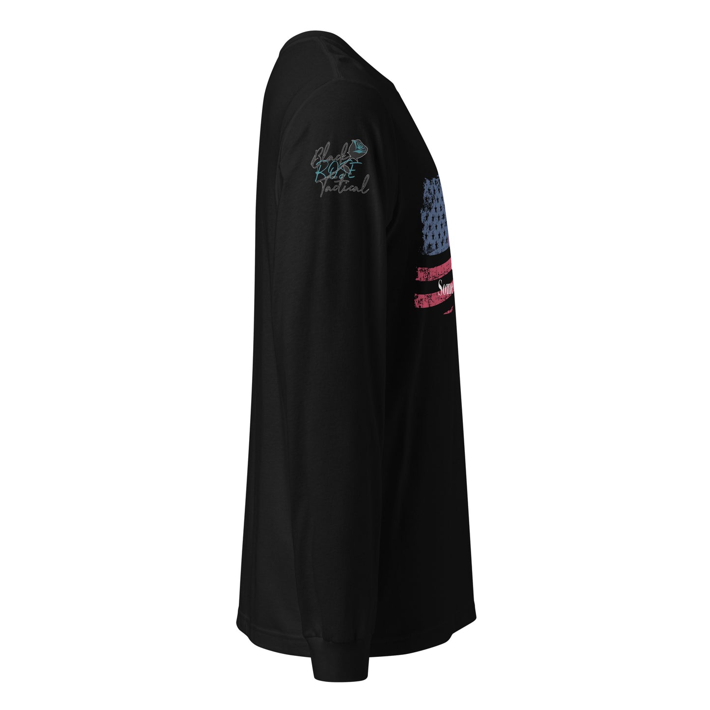 Side-angle view of unisex patriotic long sleeve tee right sleeve black