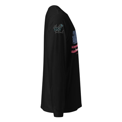 Side-angle view of unisex patriotic long sleeve tee right sleeve black