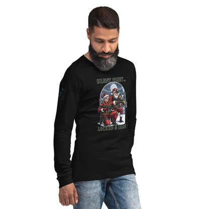 Man wearing Silent Night...Locked and Loaded long sleeve shirt in casual holiday setting