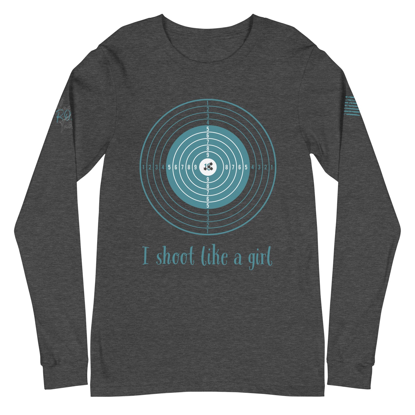 Close-up of I Shoot Like a Girl graphic on heather gray long sleeve tee