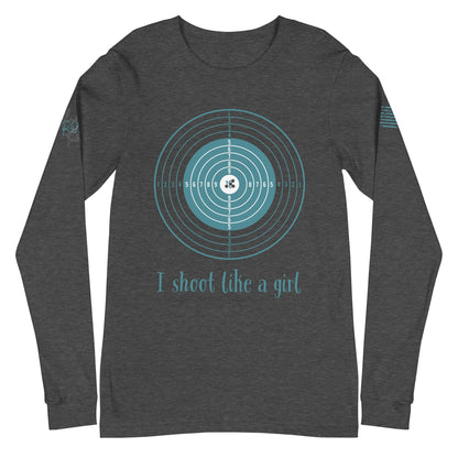 Close-up of I Shoot Like a Girl graphic on heather gray long sleeve tee