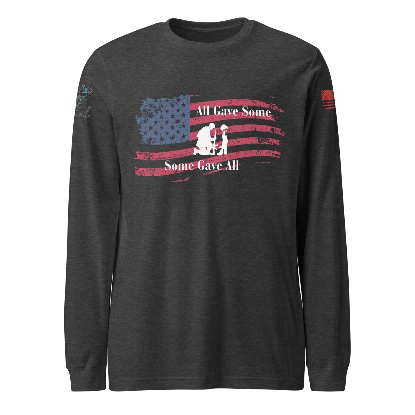 Front view of unisex long sleeve shirt with “All Gave Some, Some Gave All” patriotic design heather gray