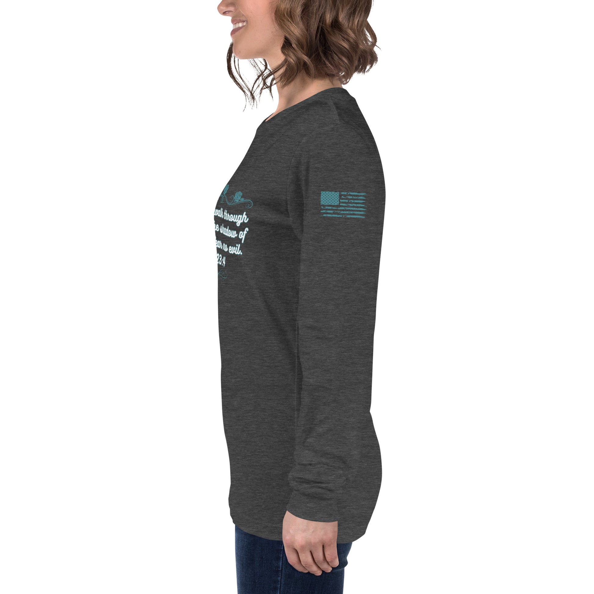 Side view of Psalms 23:4 faith long sleeve shirt on model left arm heather gray