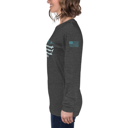 Side view of Psalms 23:4 faith long sleeve shirt on model left arm heather gray