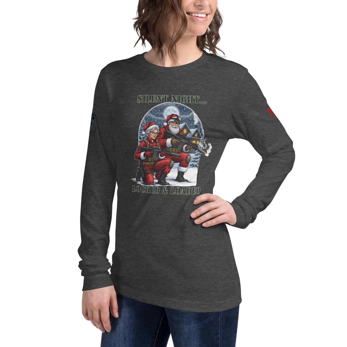 Close-up of Silent Night...Locked and Loaded graphic print on long sleeve cotton shirt.