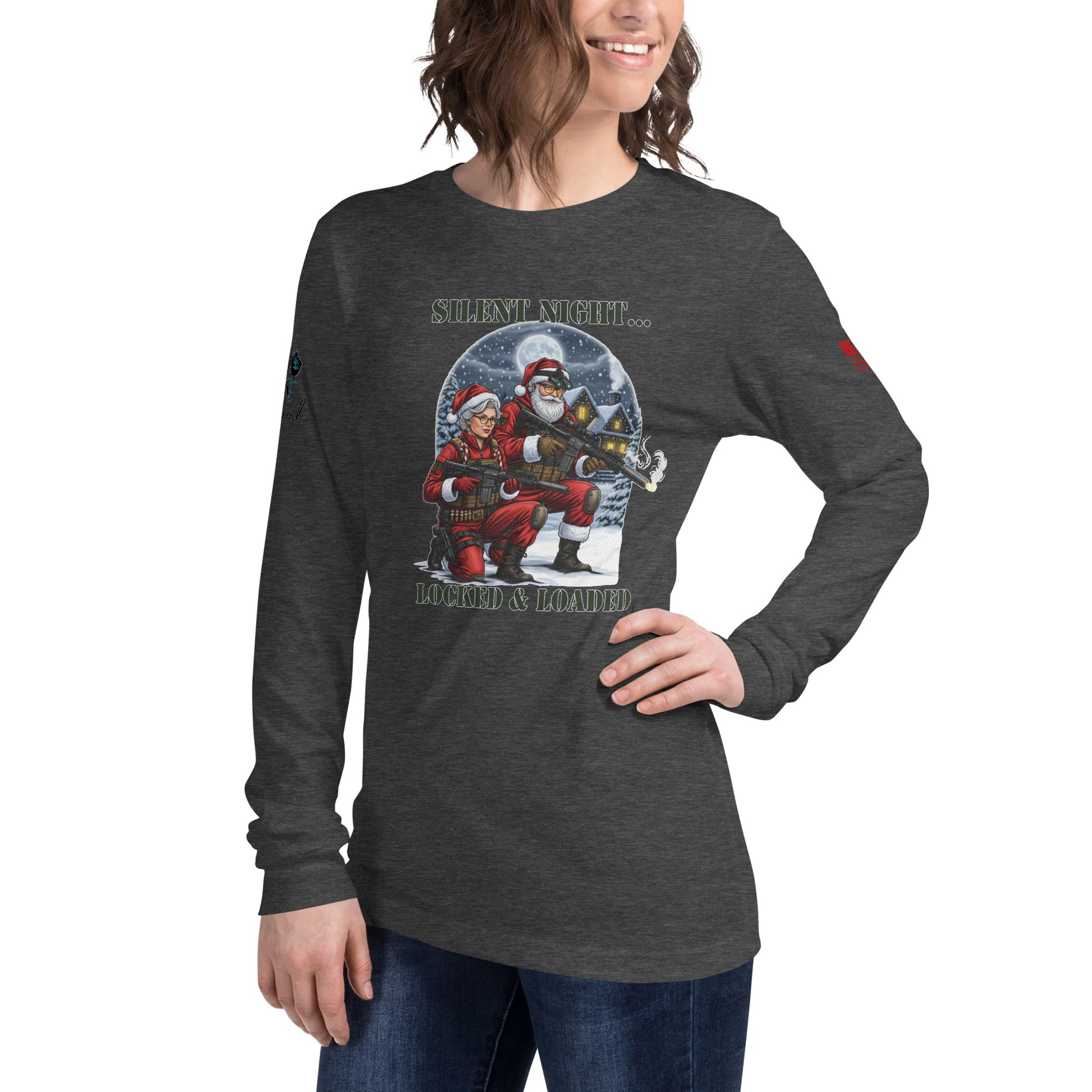 Close-up of Silent Night...Locked and Loaded graphic print on long sleeve cotton shirt.