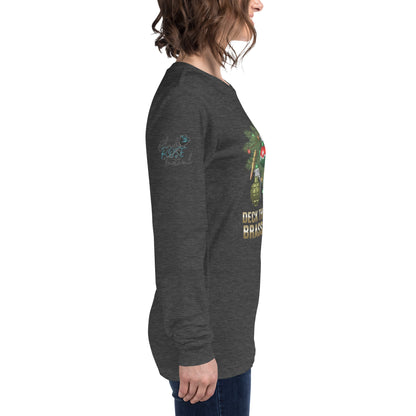 Deck the halls with brass and balls right sleeve with black rose tactical logo heather gray shirt