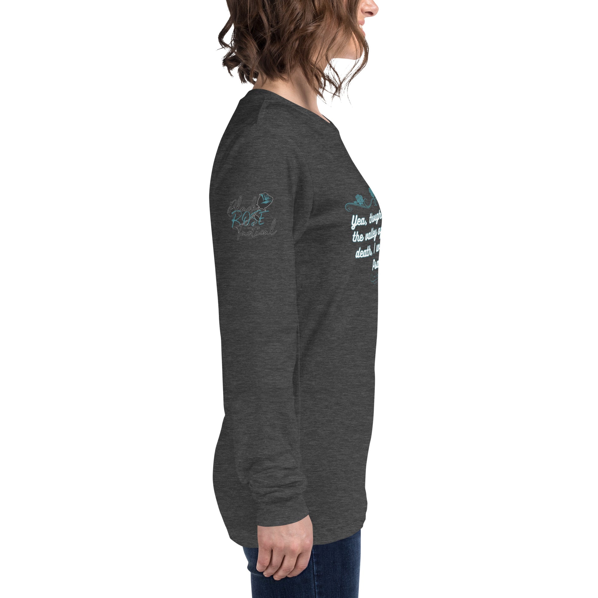 Side view of Psalms 23:4 faith long sleeve shirt on model right arm heather gray