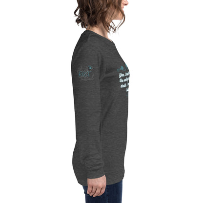 Side view of Psalms 23:4 faith long sleeve shirt on model right arm heather gray