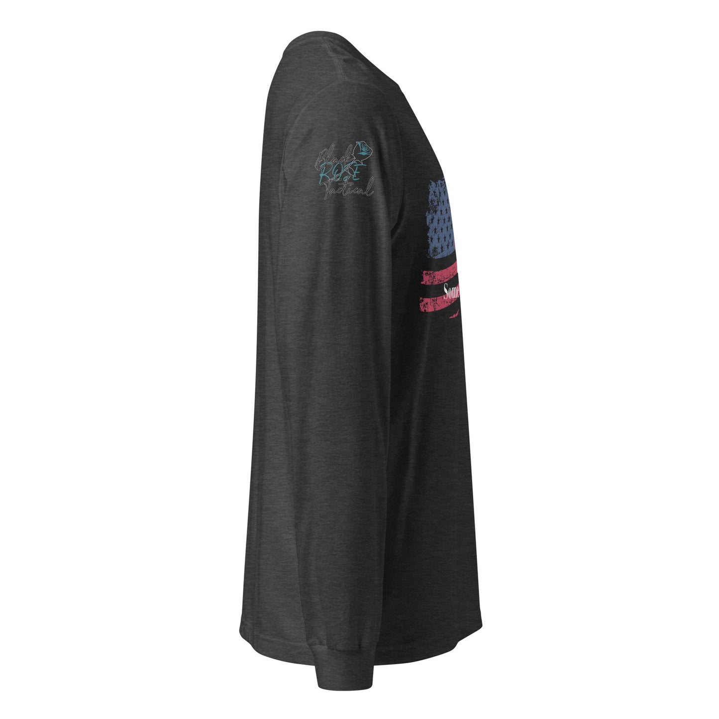 Side-angle view of unisex patriotic long sleeve tee right sleeve heather gray