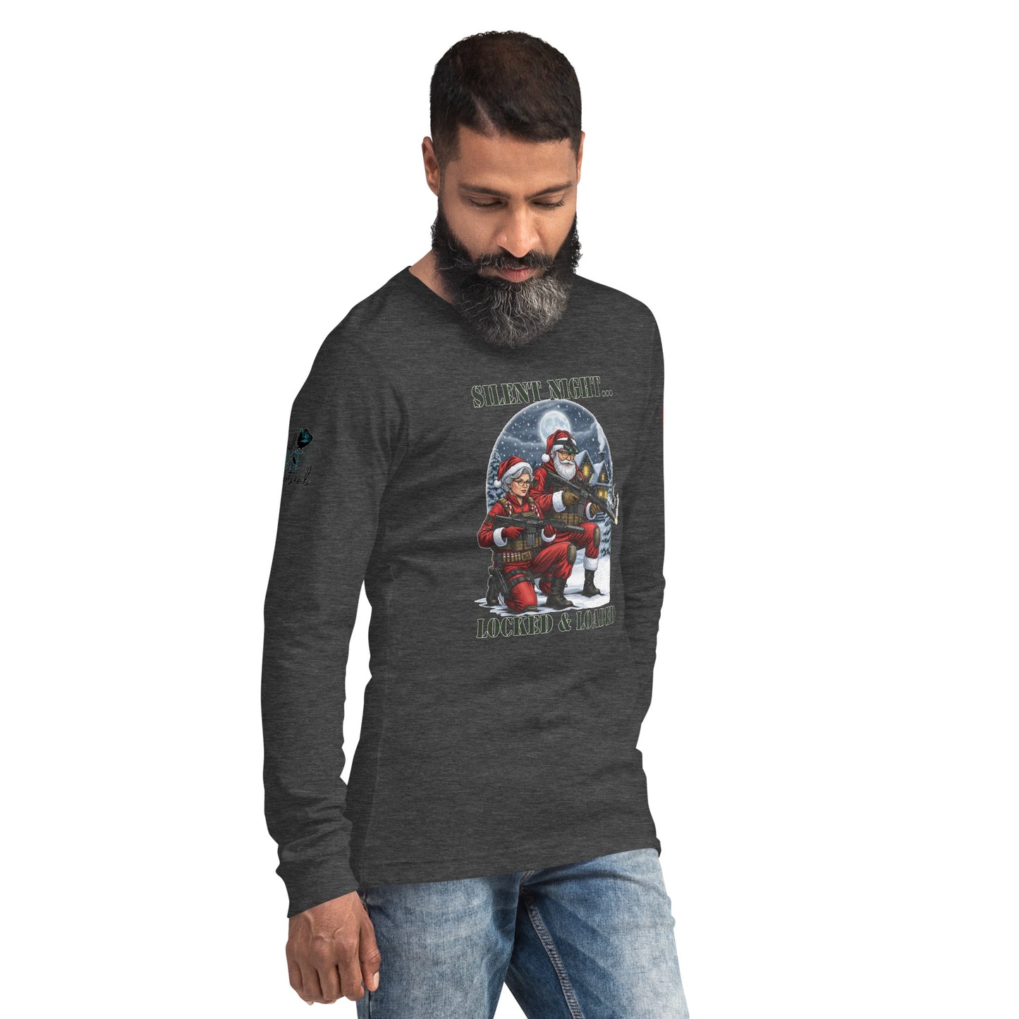 Man wearing Silent Night...Locked and Loaded long sleeve shirt in casual holiday setting