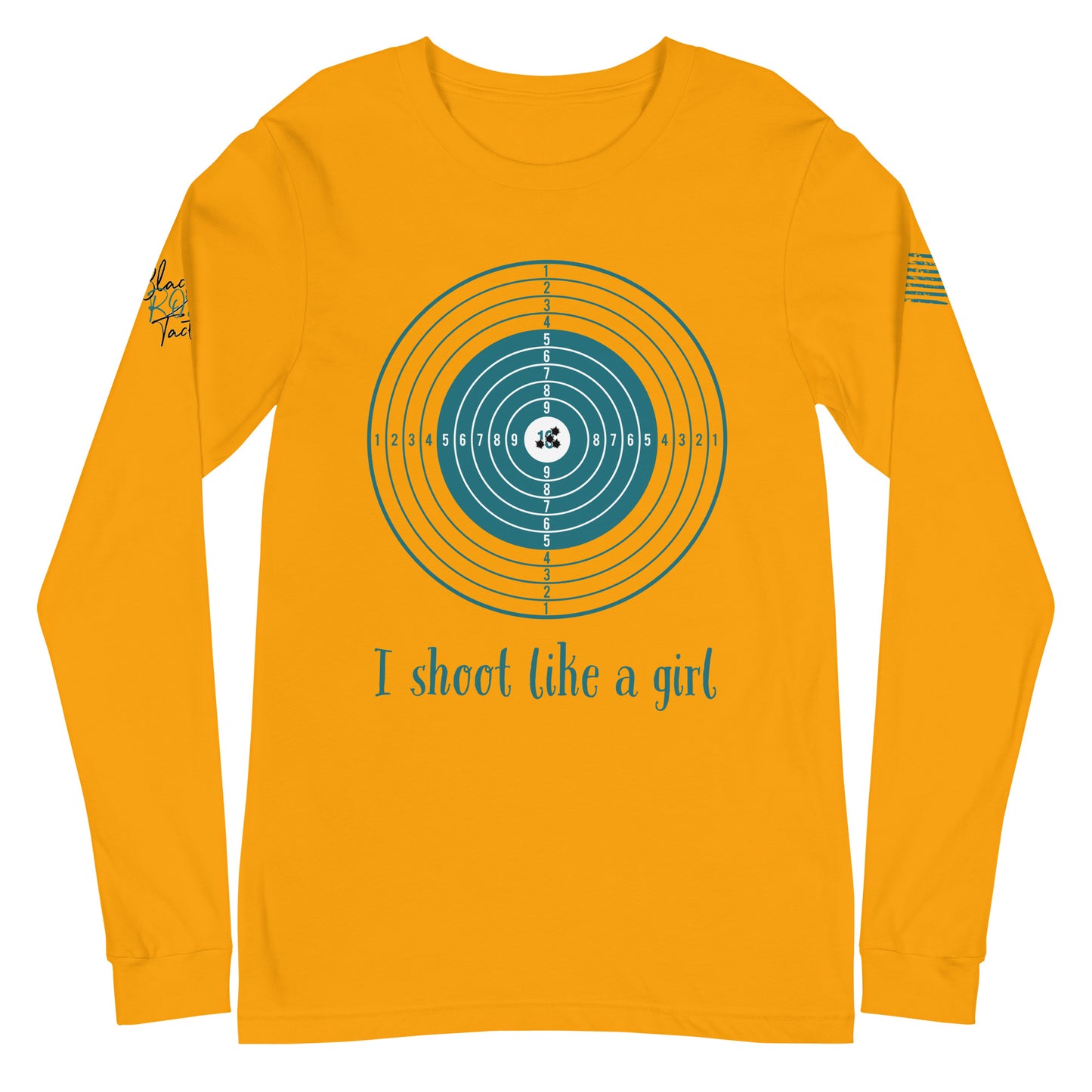 Close-up of I Shoot Like a Girl graphic on gold long sleeve tee