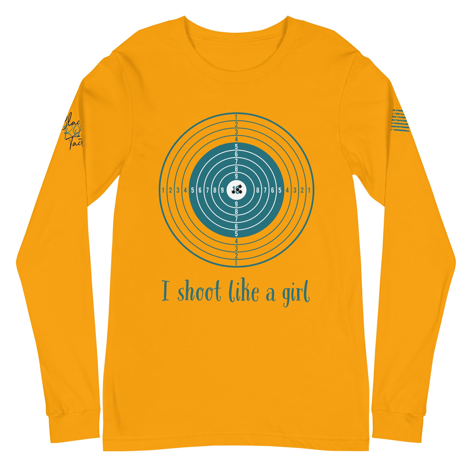 Close-up of I Shoot Like a Girl graphic on gold long sleeve tee