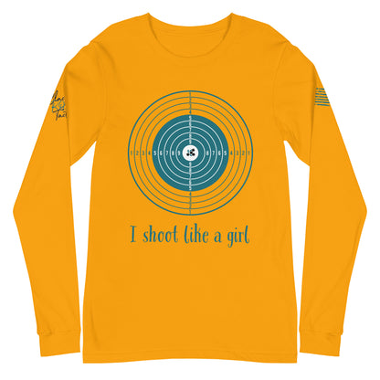 Close-up of I Shoot Like a Girl graphic on gold long sleeve tee