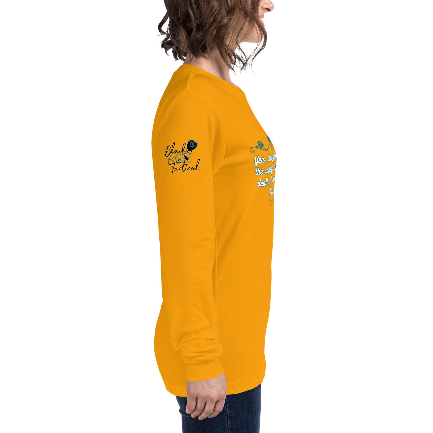 Side view of Psalms 23:4 faith long sleeve shirt on model right arm gold