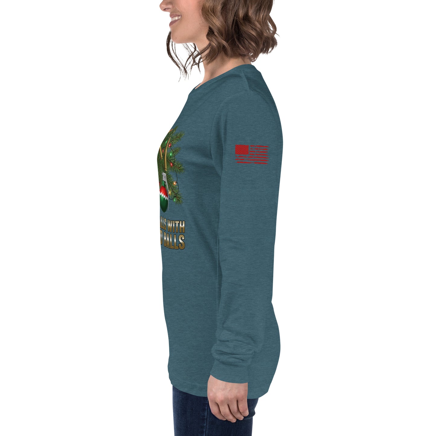 Deck the Halls American Flag on Left Sleeve teal shirt