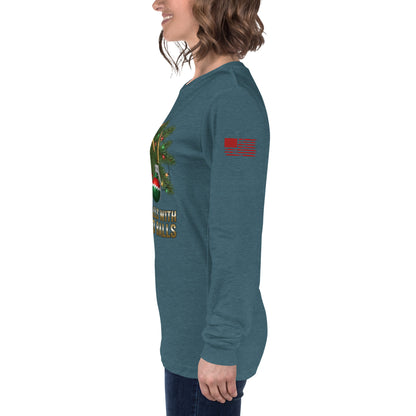 Deck the Halls American Flag on Left Sleeve teal shirt