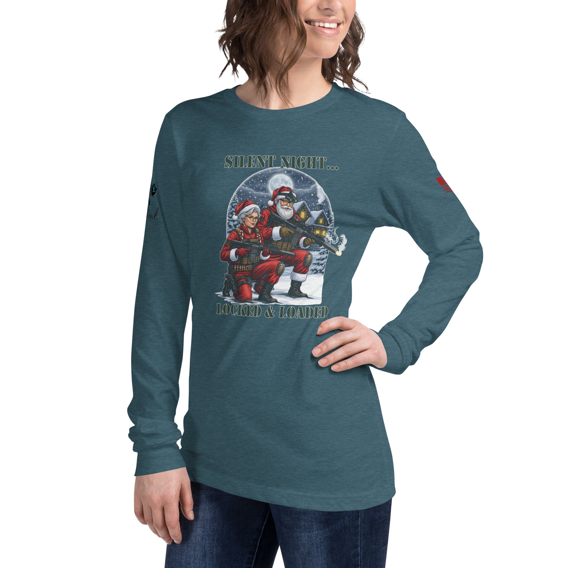 Close-up of Silent Night...Locked and Loaded graphic print on long sleeve cotton shirt.