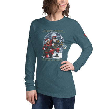Close-up of Silent Night...Locked and Loaded graphic print on long sleeve cotton shirt.