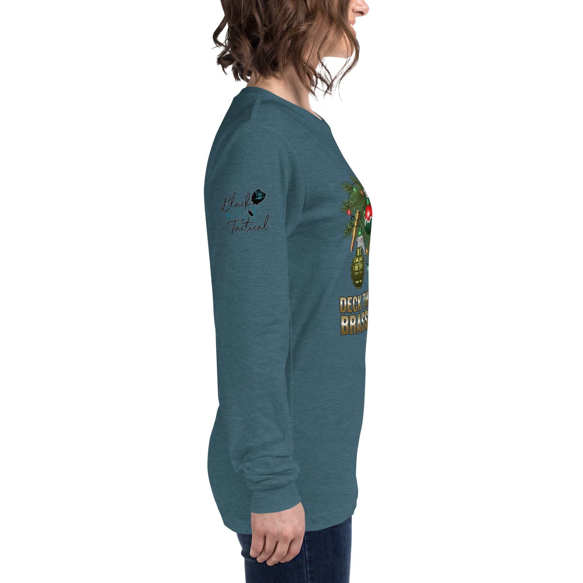 Deck the halls with brass and balls right sleeve with black rose tactical logo teal shirt