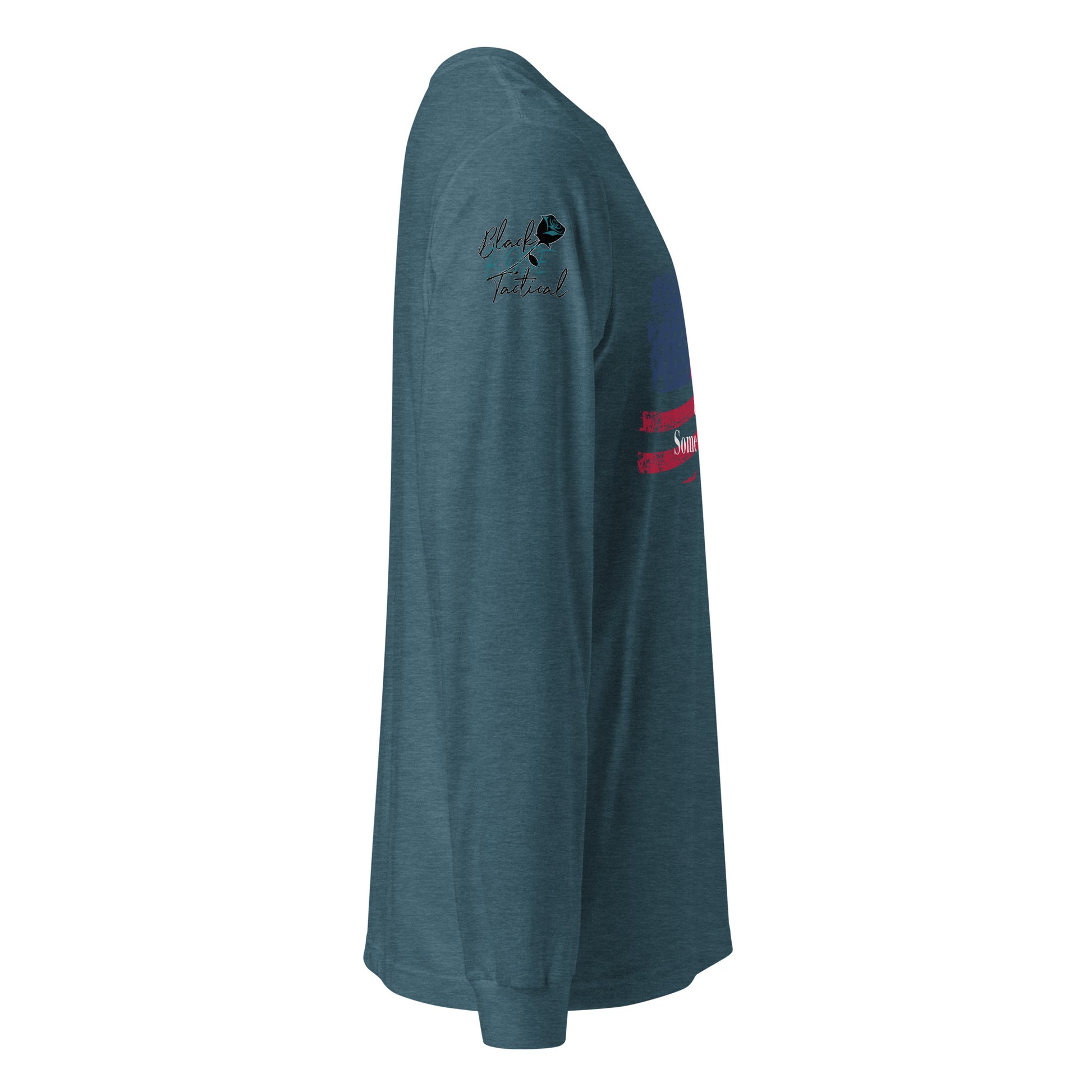 Side-angle view of unisex patriotic long sleeve tee right sleeve teal