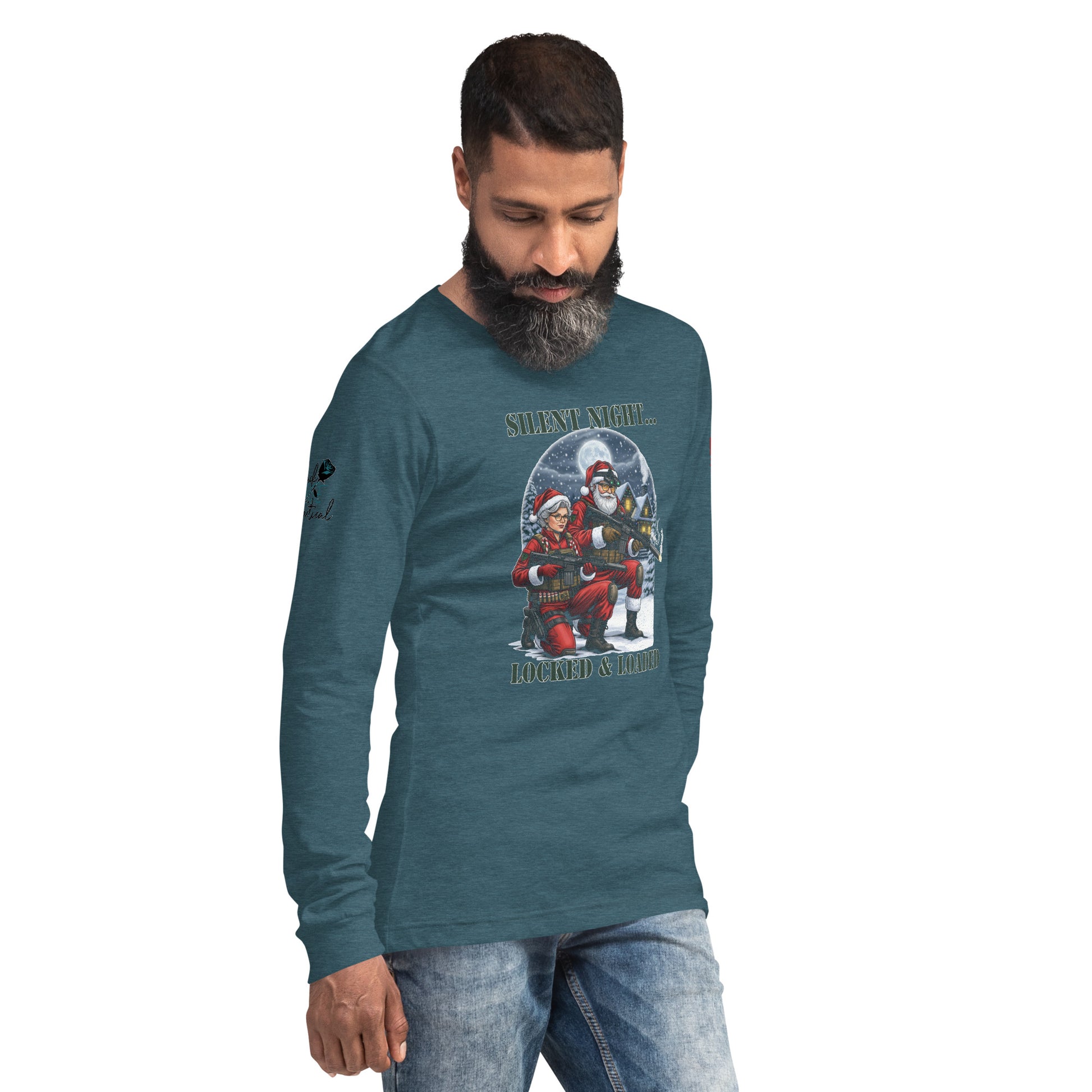 Man wearing Silent Night...Locked and Loaded long sleeve shirt in casual holiday setting