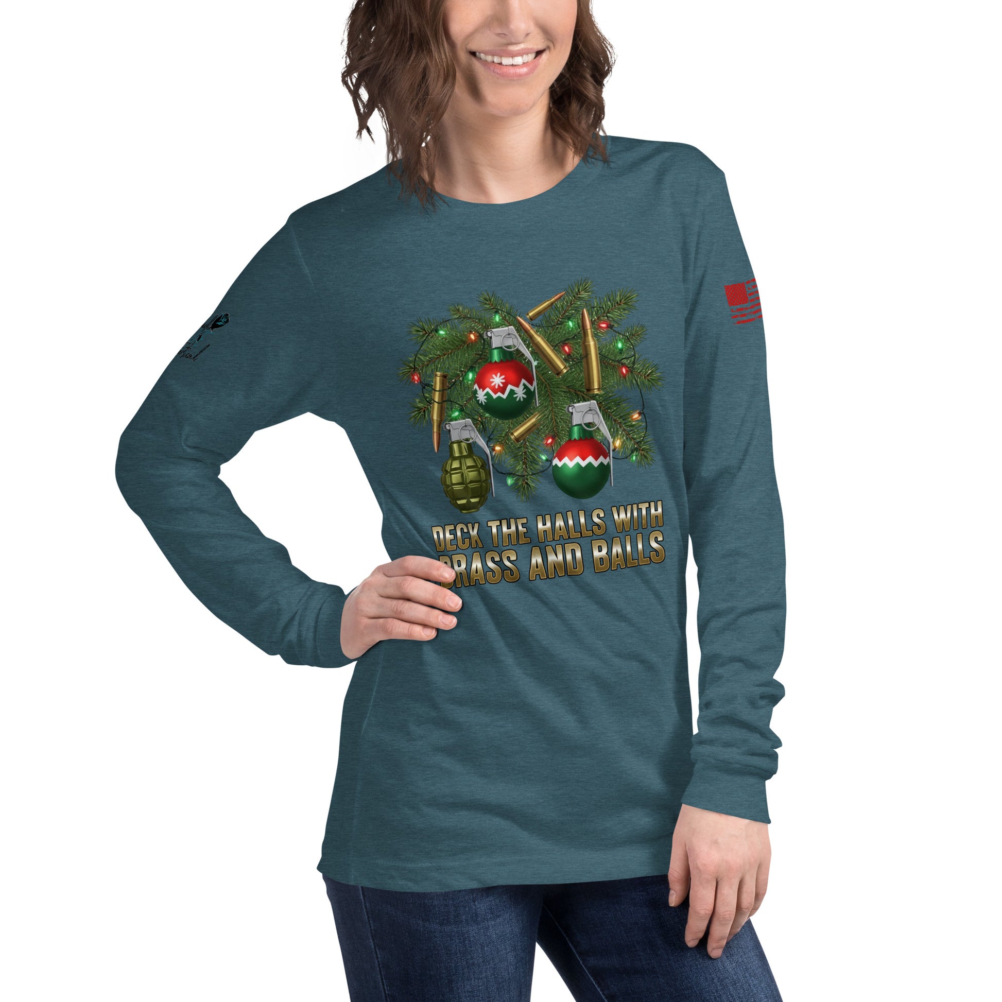 Close-up of Deck the Halls with Brass and Balls printed graphic on soft cotton long sleeve shirt teal