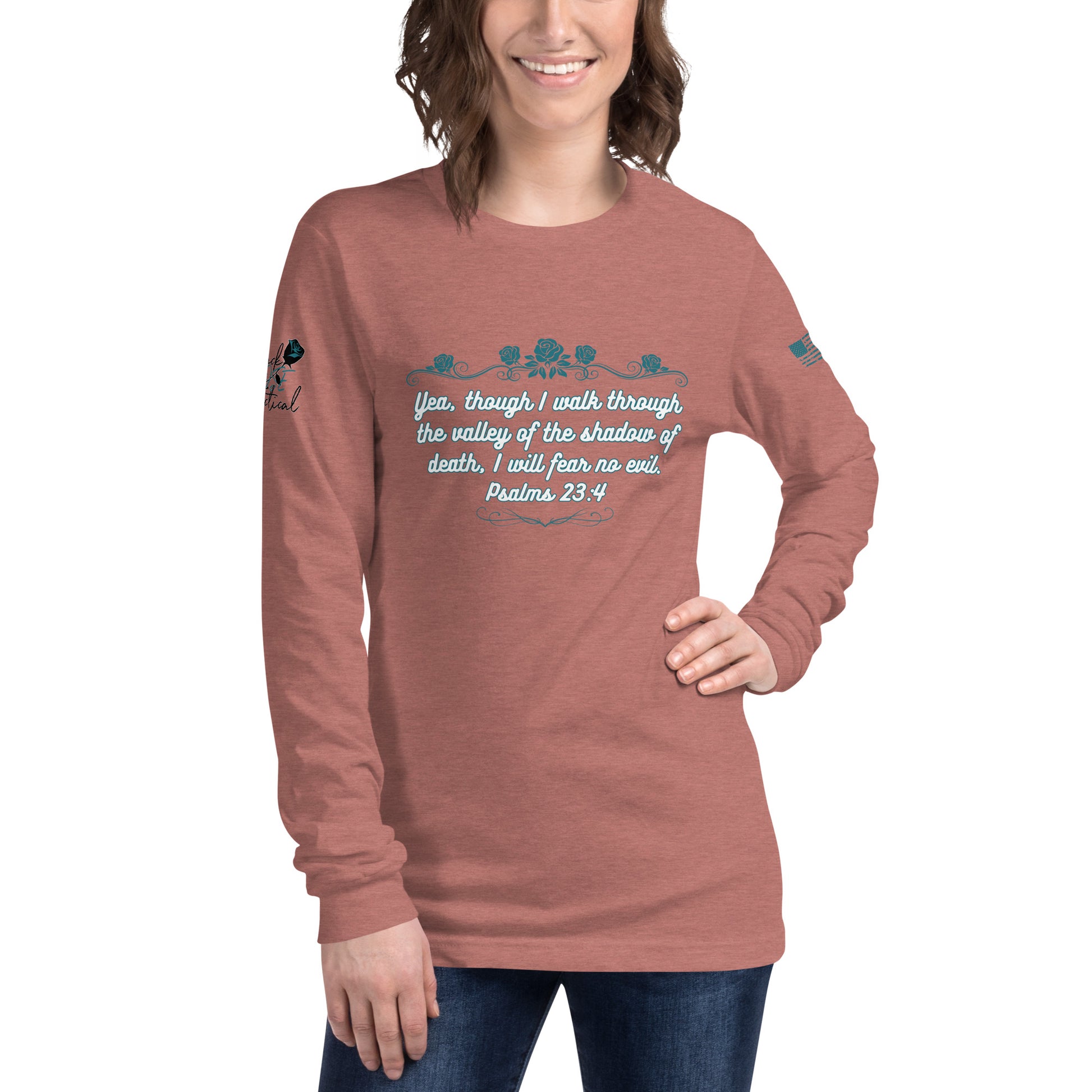 Heather color option for Psalms 23:4 Christian long sleeve tee heather mauve