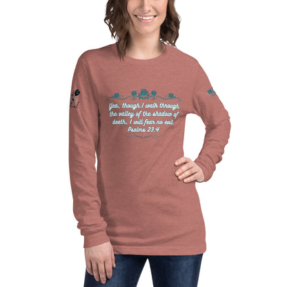 Heather color option for Psalms 23:4 Christian long sleeve tee heather mauve