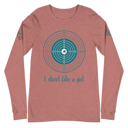 Close-up of I Shoot Like a Girl graphic on heather mauve long sleeve tee