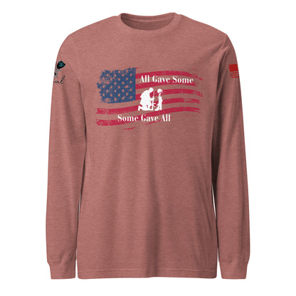 Front view of unisex long sleeve shirt with “All Gave Some, Some Gave All” patriotic design heather mauve