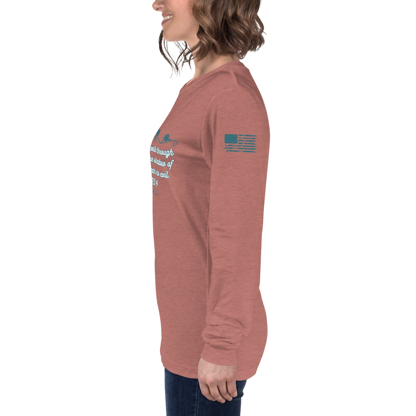 Side view of Psalms 23:4 faith long sleeve shirt on model  left arm heather mauve