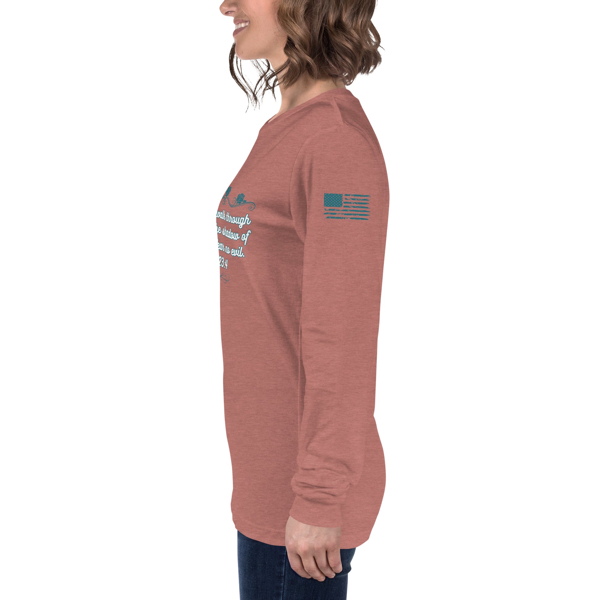 Side view of Psalms 23:4 faith long sleeve shirt on model  left arm heather mauve