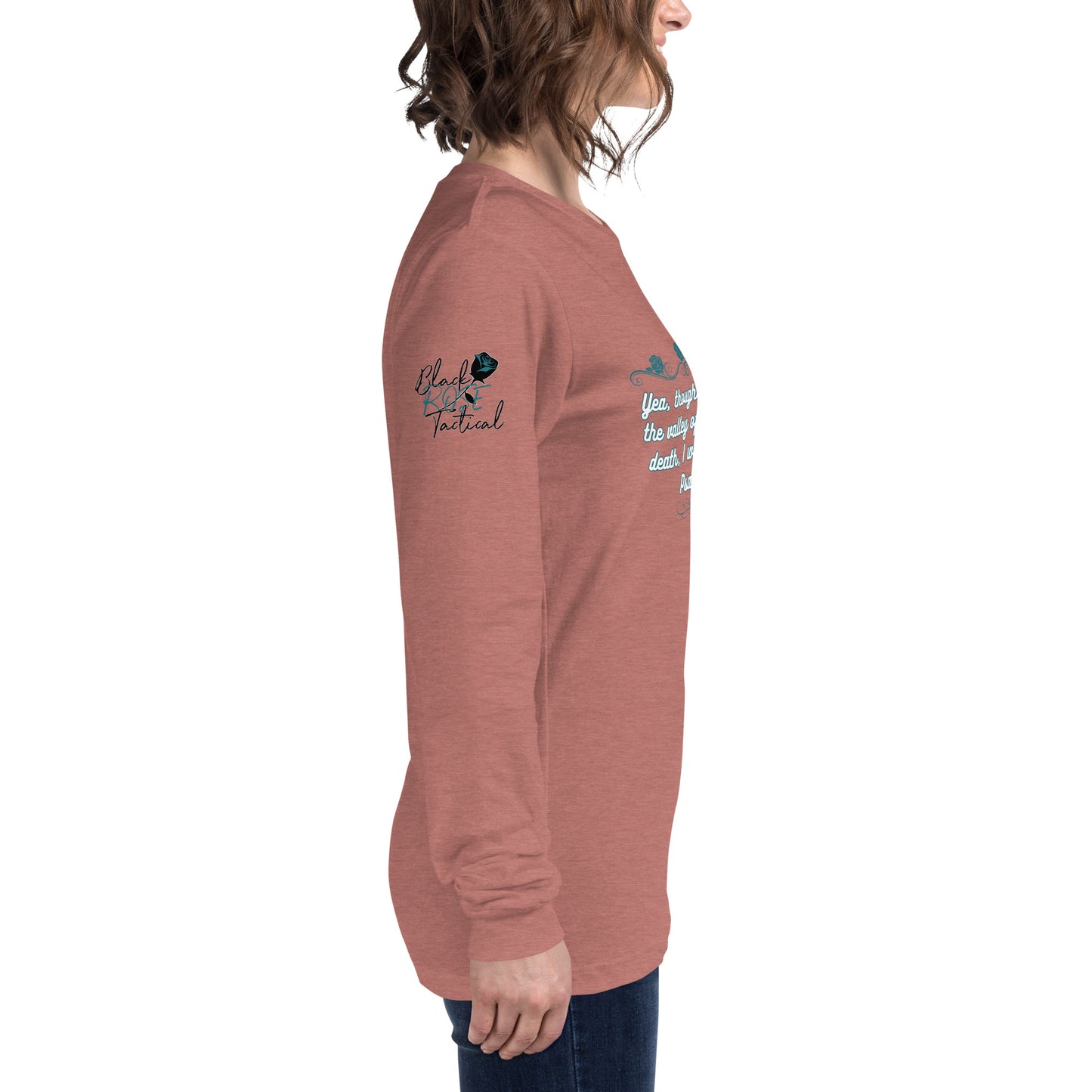 Side view of Psalms 23:4 faith long sleeve shirt on model right arm heather mauve