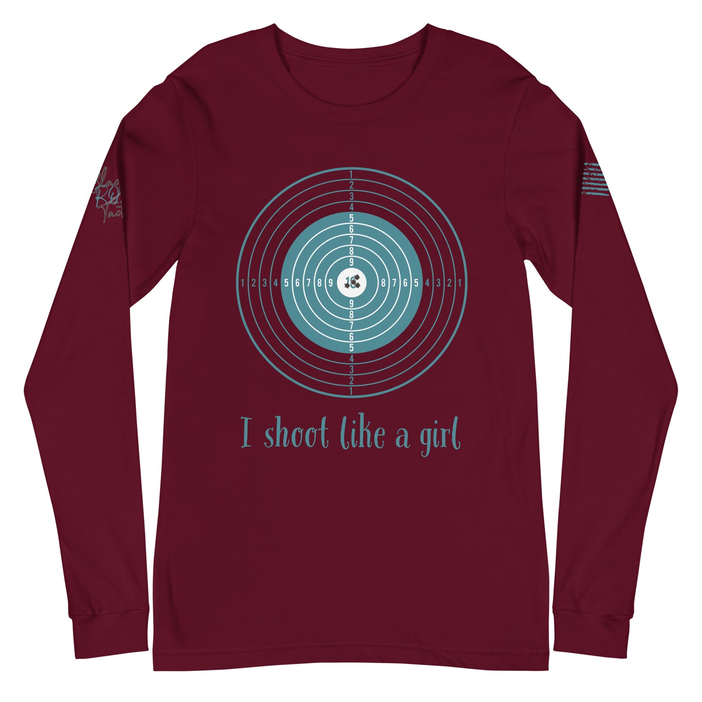 Close-up of I Shoot Like a Girl graphic on maroon long sleeve tee