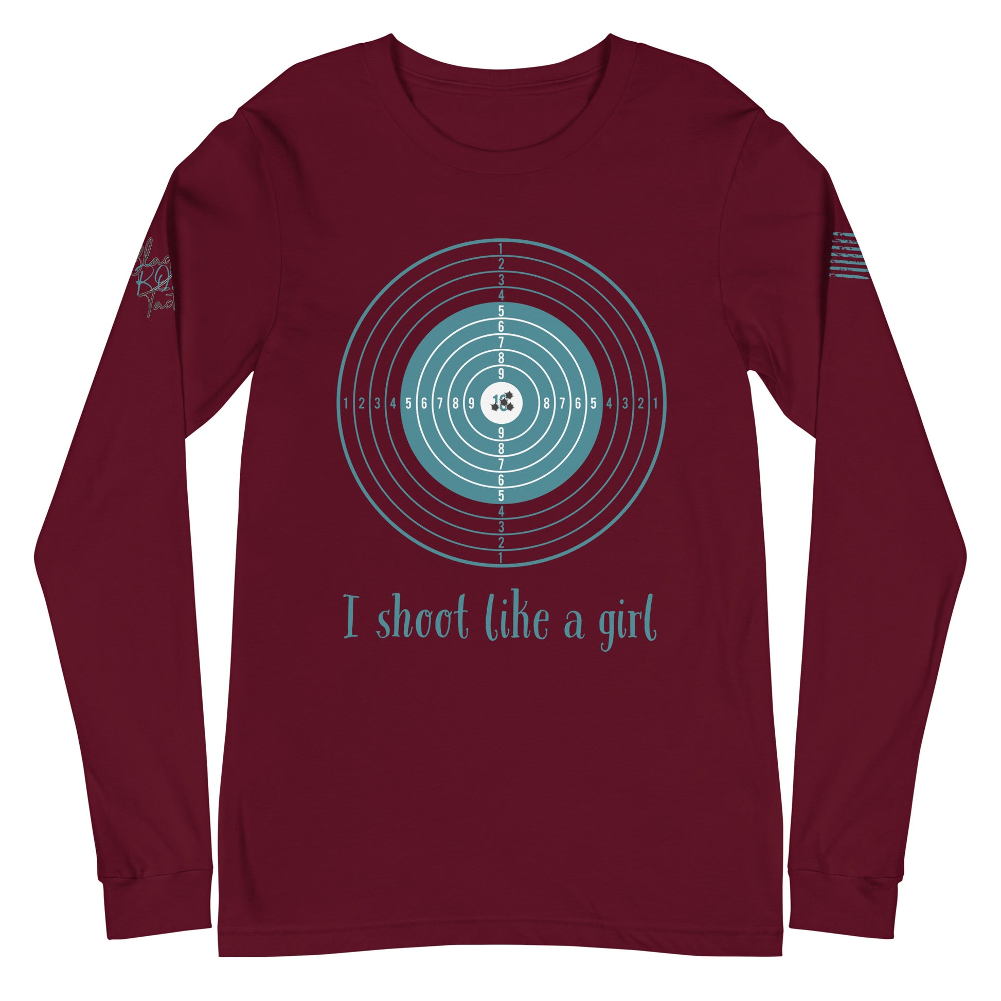 Close-up of I Shoot Like a Girl graphic on maroon long sleeve tee