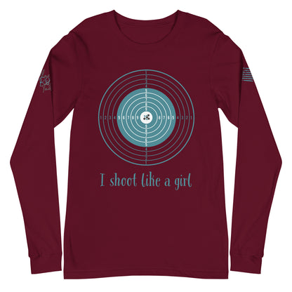 Close-up of I Shoot Like a Girl graphic on maroon long sleeve tee