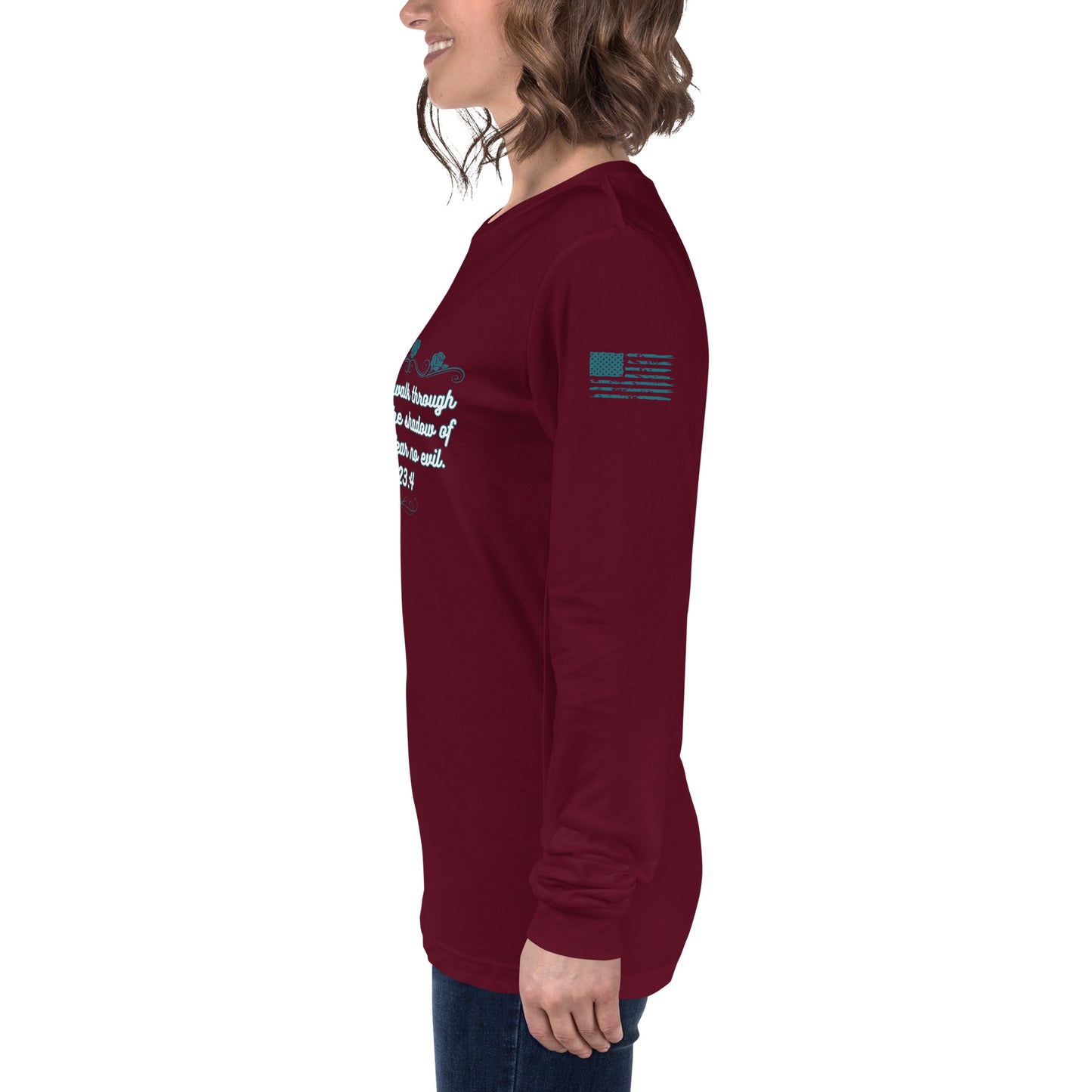 Side view of Psalms 23:4 faith long sleeve shirt on model left arm marroon