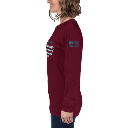 Side view of Psalms 23:4 faith long sleeve shirt on model left arm marroon