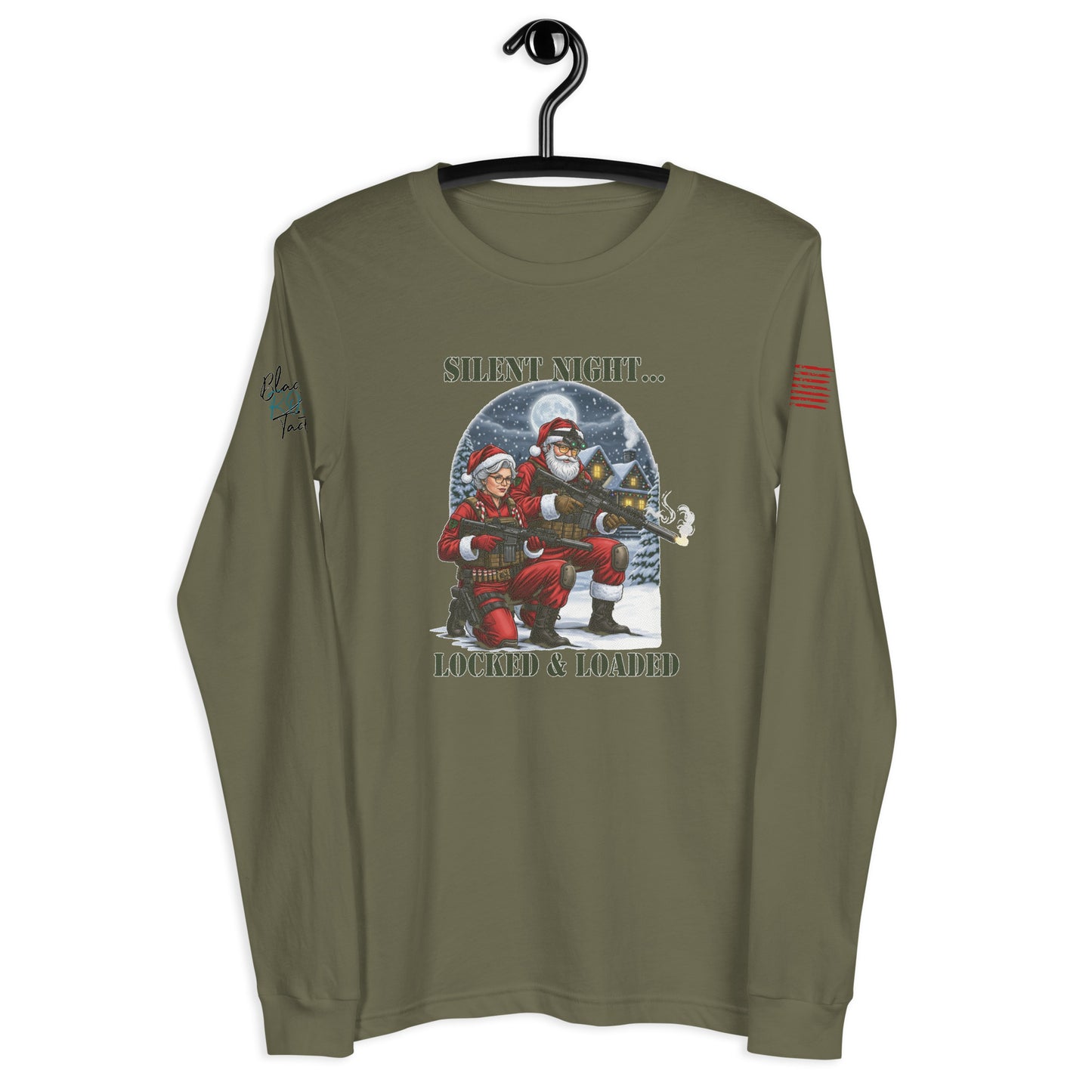 Silent Night...Locked and Loaded long sleeve shirt with bold holiday gun rights design on front.