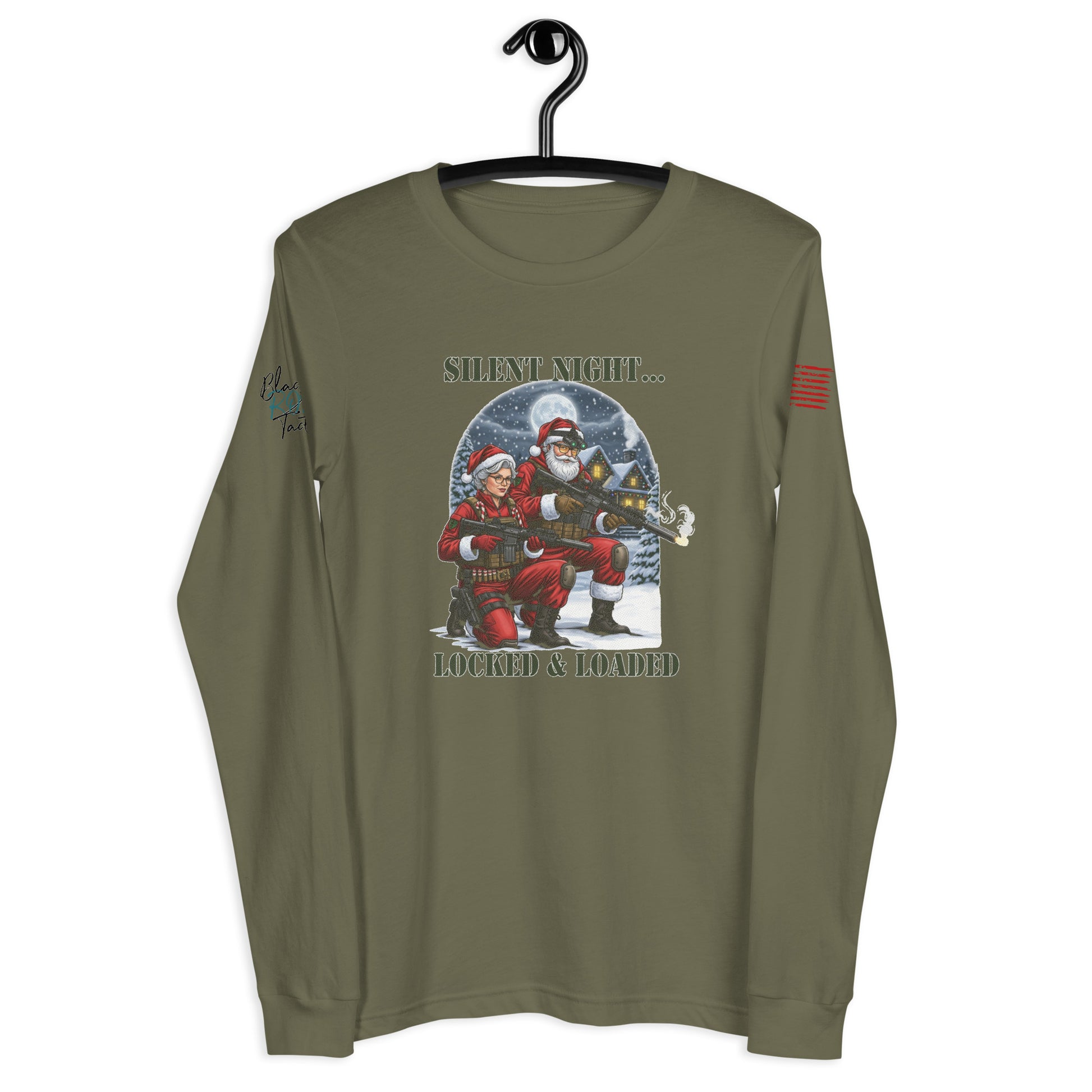 Silent Night...Locked and Loaded long sleeve shirt with bold holiday gun rights design on front.