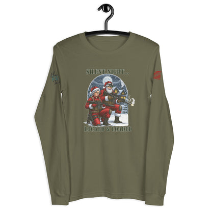Silent Night...Locked and Loaded long sleeve shirt with bold holiday gun rights design on front.