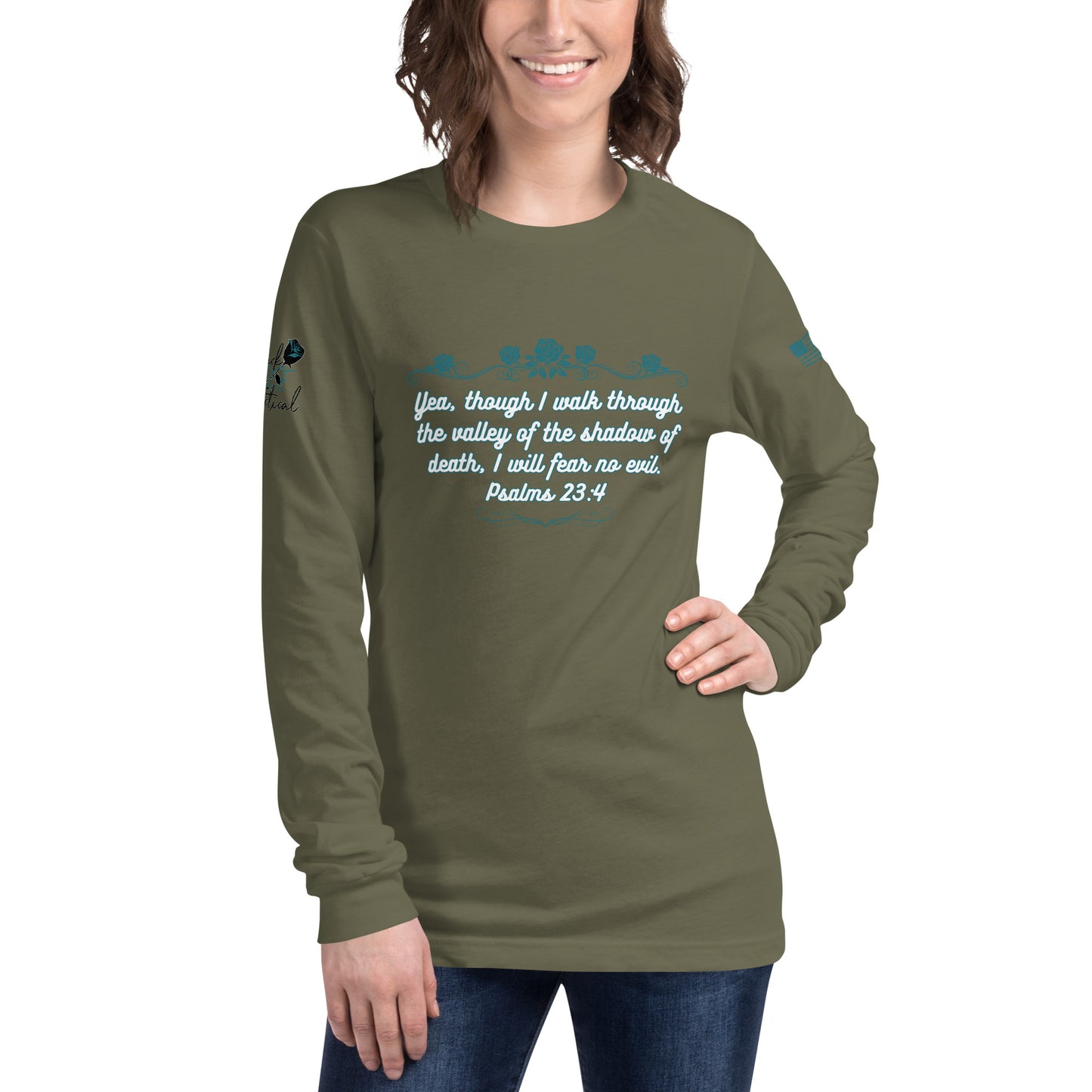 Christian long sleeve shirt shown on model front view green