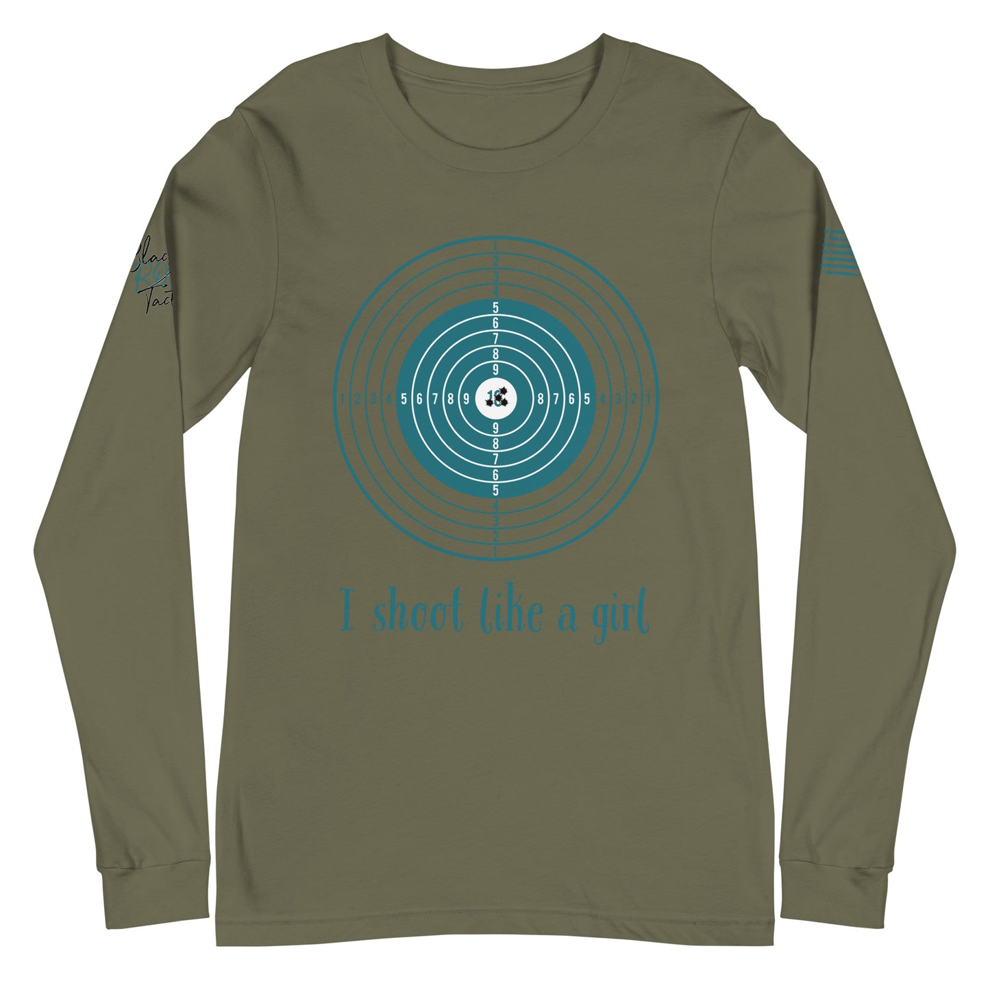 Close-up of I Shoot Like a Girl graphic on green long sleeve tee