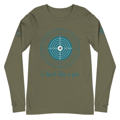 Close-up of I Shoot Like a Girl graphic on green long sleeve tee