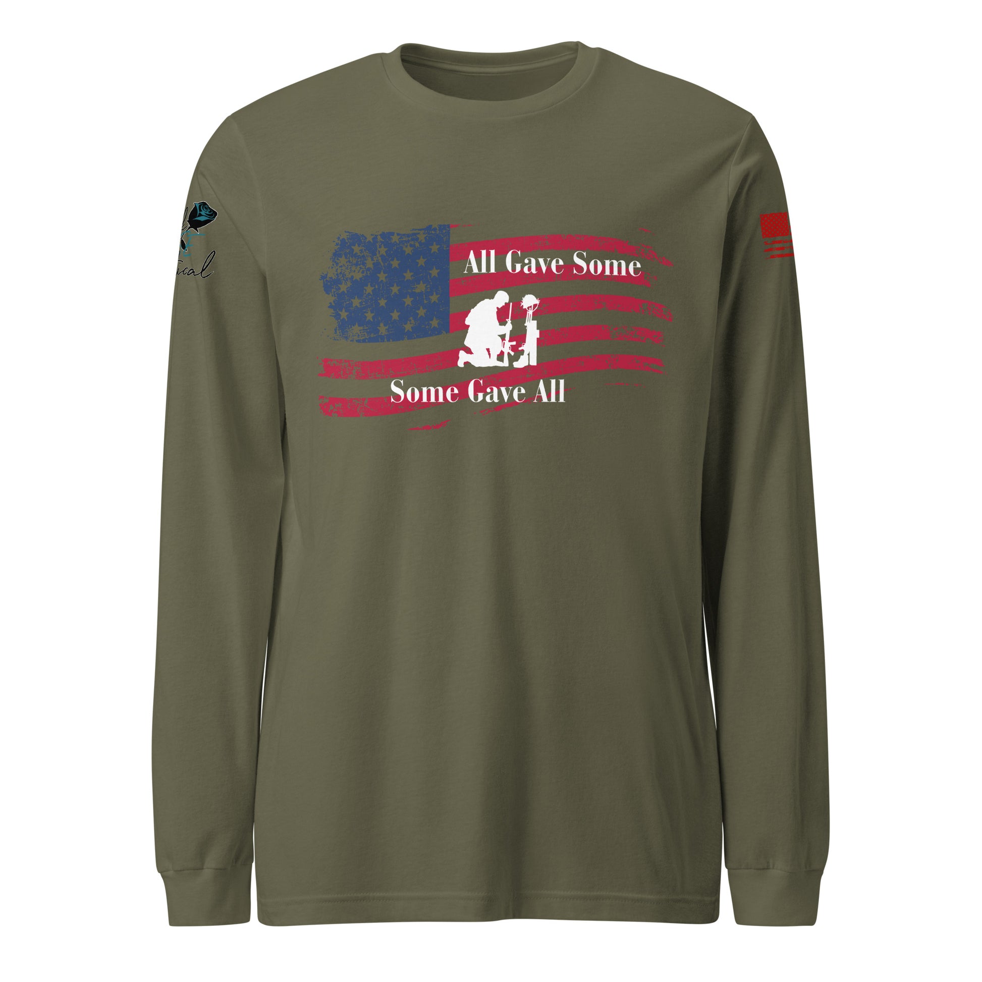 Front view of unisex long sleeve shirt with “All Gave Some, Some Gave All” patriotic design green