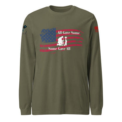 Front view of unisex long sleeve shirt with “All Gave Some, Some Gave All” patriotic design green